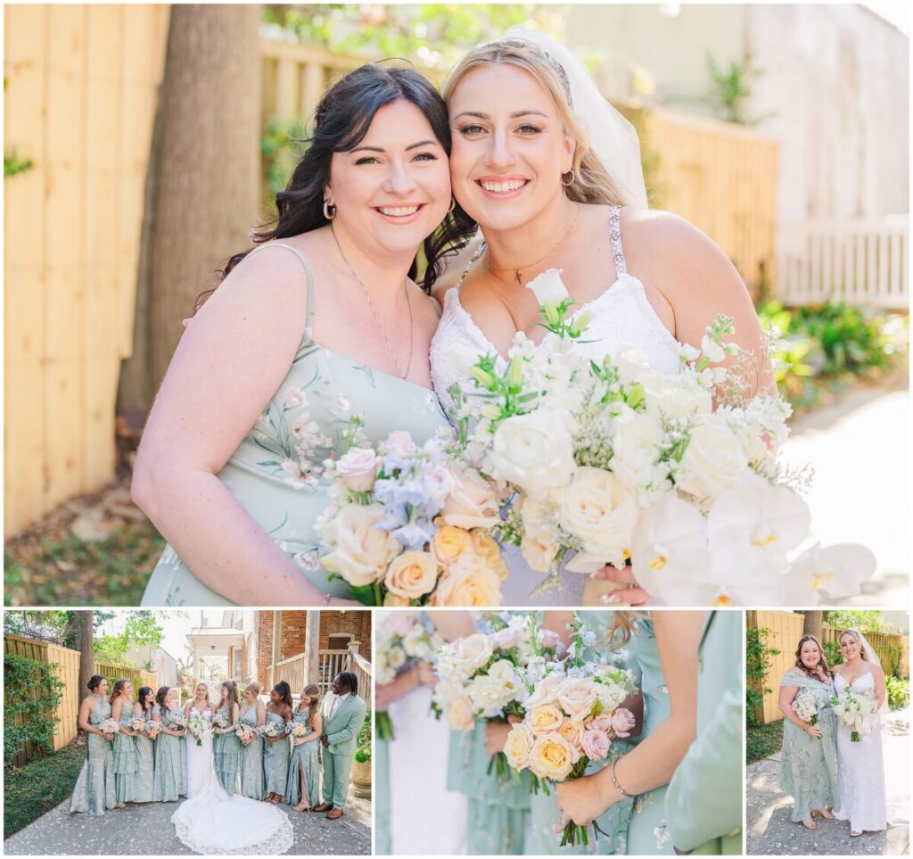 A glowing bride with her beautiful bridesmaids in green dresses in Wilmington North Carolina