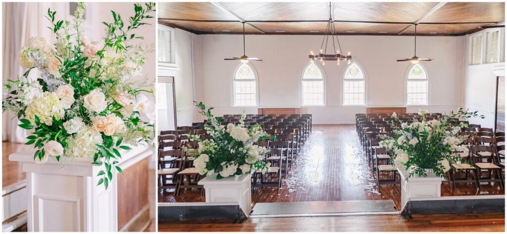 Soft romantic spring florals on rich wood at a beautiful wedding ceremony
