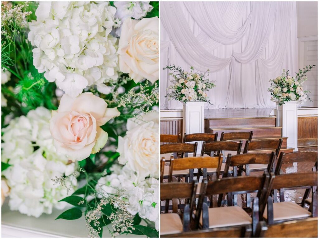 Soft romantic spring florals on rich wood at a beautiful wedding ceremony