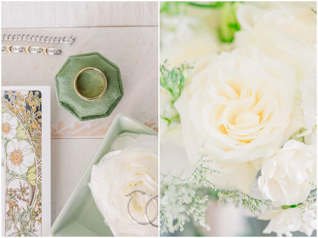 Vibrant green, soft pinks, and romantic wedding details for a Brooklyn Arts Center Wedding by JoLynn Photography