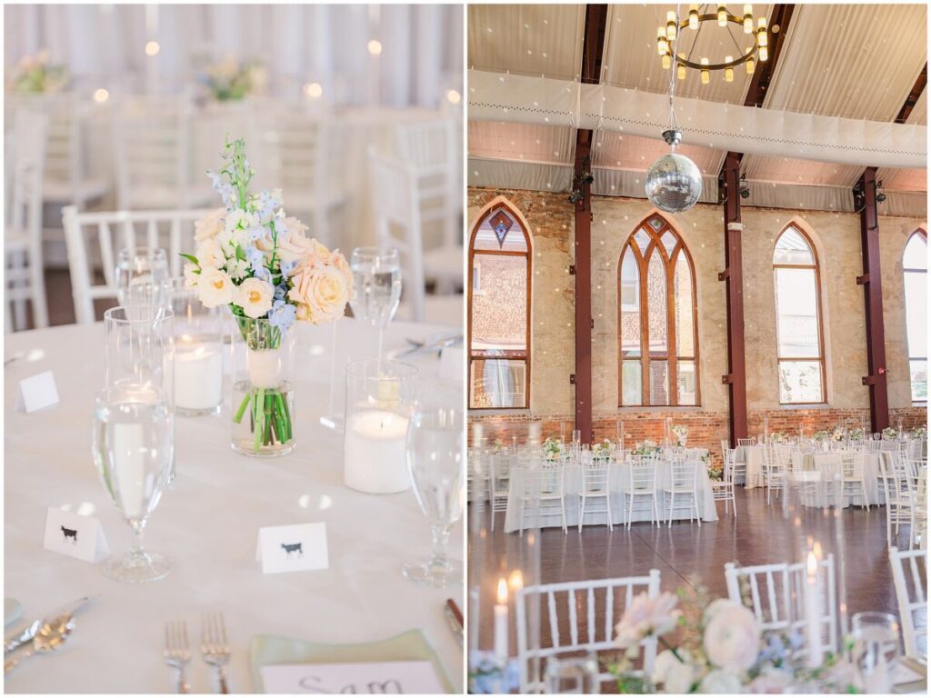 Soft spring florals of pink, white, and green under rich brick at The Brooklyn Arts Center