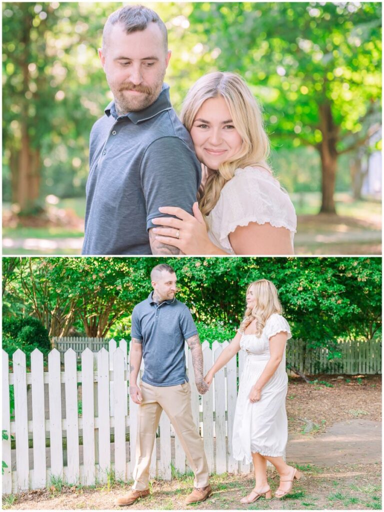 A happily engaged couple in a white dress and blue polo shirt during a warm summer day during their Historic Oak View Park engagement with JoLynn Photography