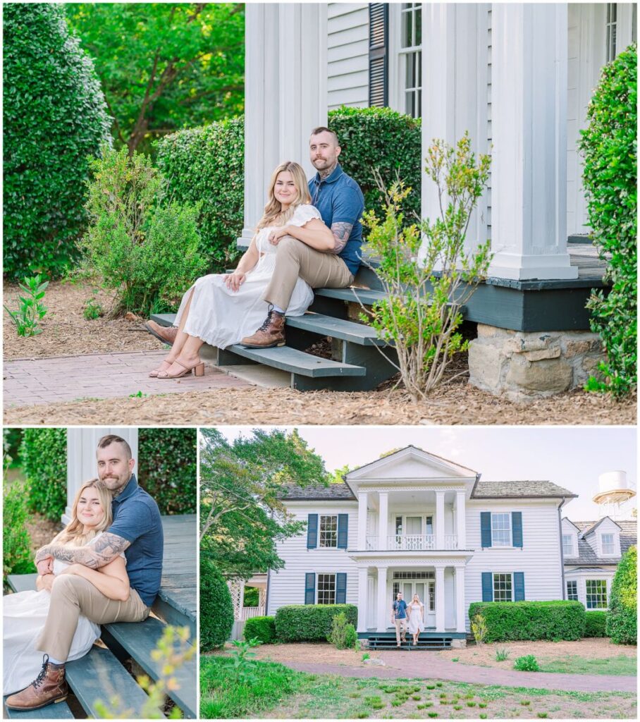 A happily engaged couple in a white dress and blue polo shirt during a warm summer day during their Historic Oak View Park engagement with JoLynn Photography