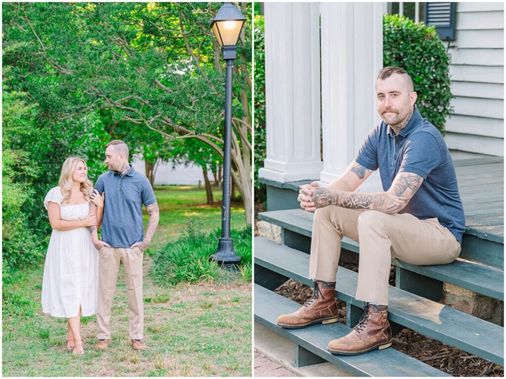 A happily engaged couple in a white dress and blue polo shirt during a warm summer day during their Historic Oak View Park engagement with JoLynn Photography