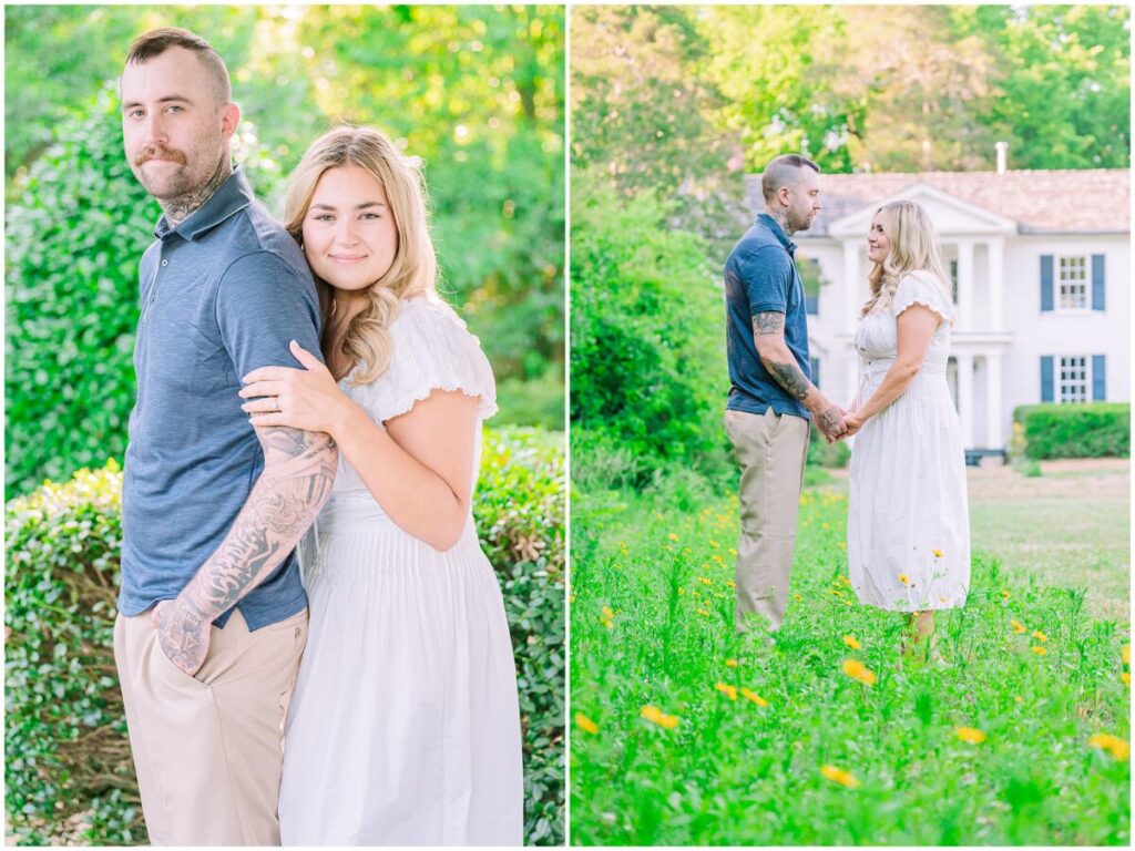 A happily engaged couple in a white dress and blue polo shirt during a warm summer day during their Historic Oak View Park engagement with JoLynn Photography