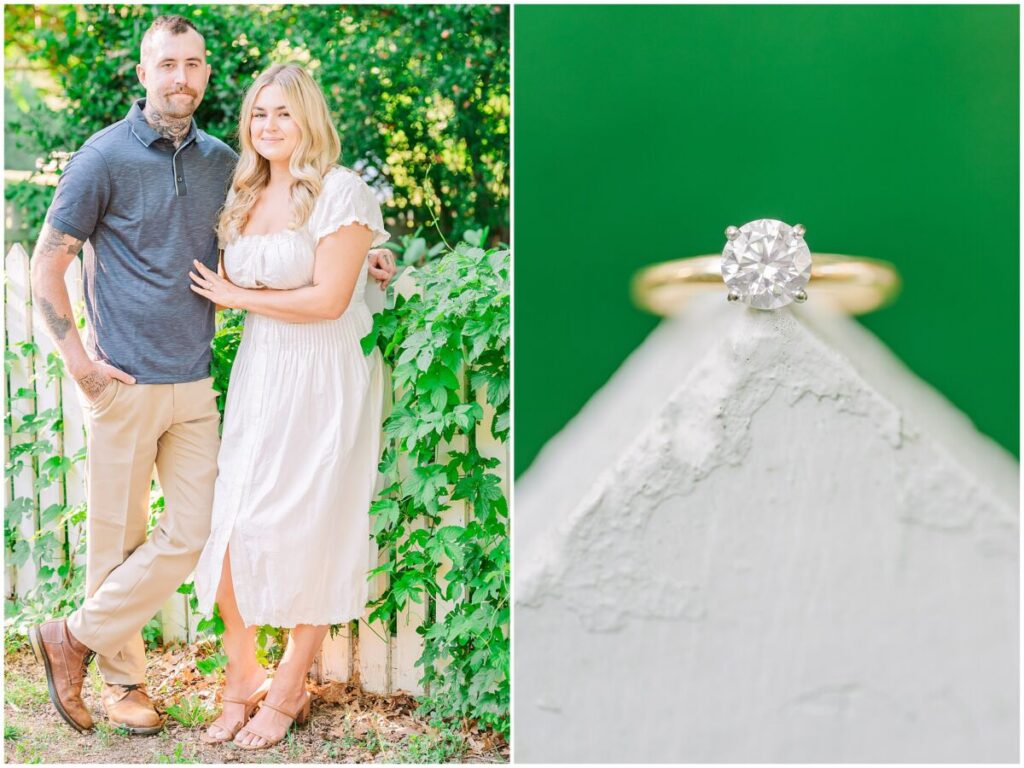 A happily engaged couple in a white dress and blue polo shirt during a warm summer day during their Historic Oak View Park engagement with JoLynn Photography