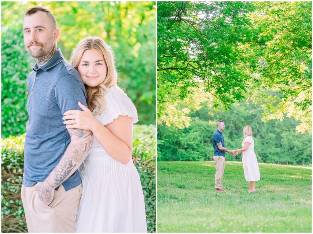 A happily engaged couple in a white dress and blue polo shirt during a warm summer day during their Historic Oak View Park engagement with JoLynn Photography