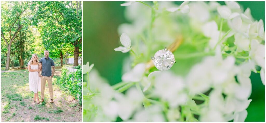 A happily engaged couple in a white dress and blue polo shirt during a warm summer day during their Historic Oak View Park engagement with JoLynn Photography