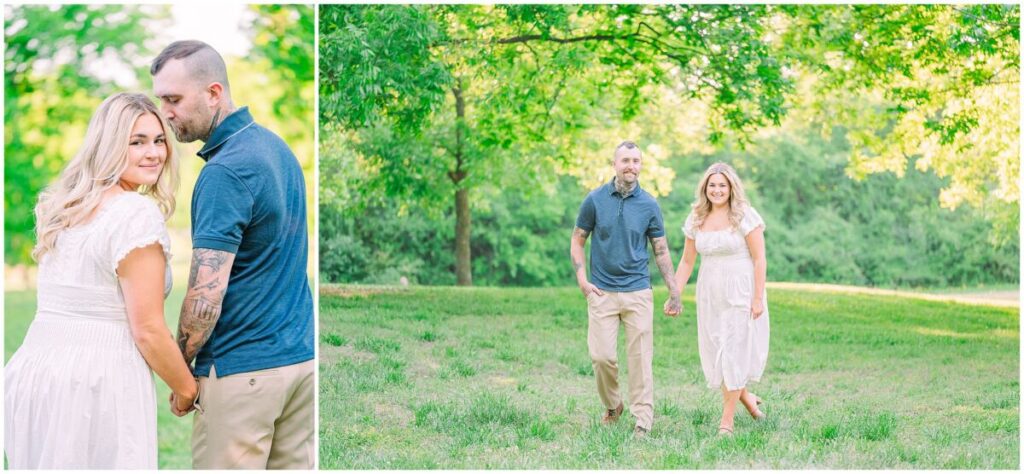 A happily engaged couple in a white dress and blue polo shirt during a warm summer day during their Historic Oak View Park engagement with JoLynn Photography