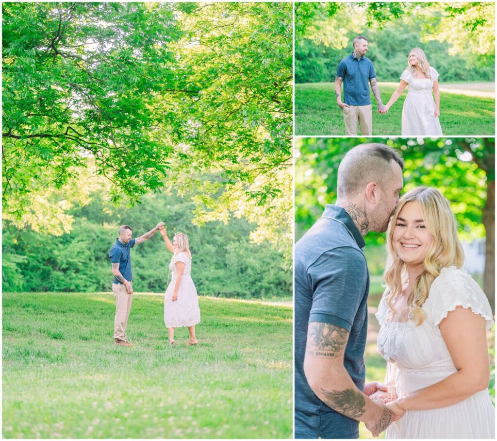 A happily engaged couple in a white dress and blue polo shirt during a warm summer day during their Historic Oak View Park engagement with JoLynn Photography
