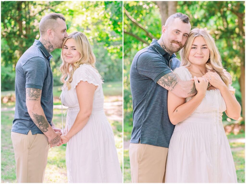 A happily engaged couple in a white dress and blue polo shirt during a warm summer day during their Historic Oak View Park engagement with JoLynn Photography