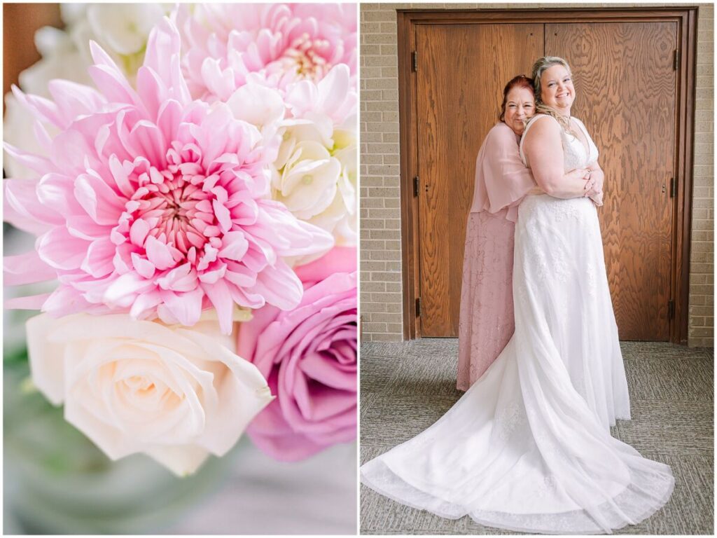 A happy blonde bride getting ready before her summer wedding day at Terra Blooms Farm by JoLynn Photography