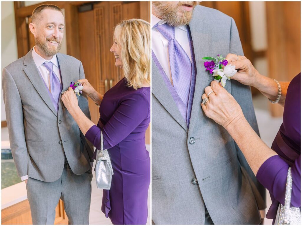 A groom getting ready with his mom wedding day