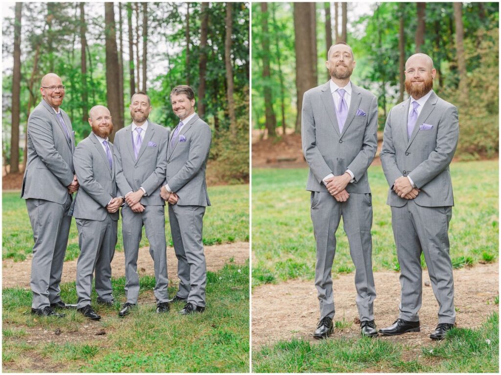 A happy groom and his groomsmen in grey tuxes with purple flowers on his summer wedding day at Terra Blooms Farm by JoLynn Photography