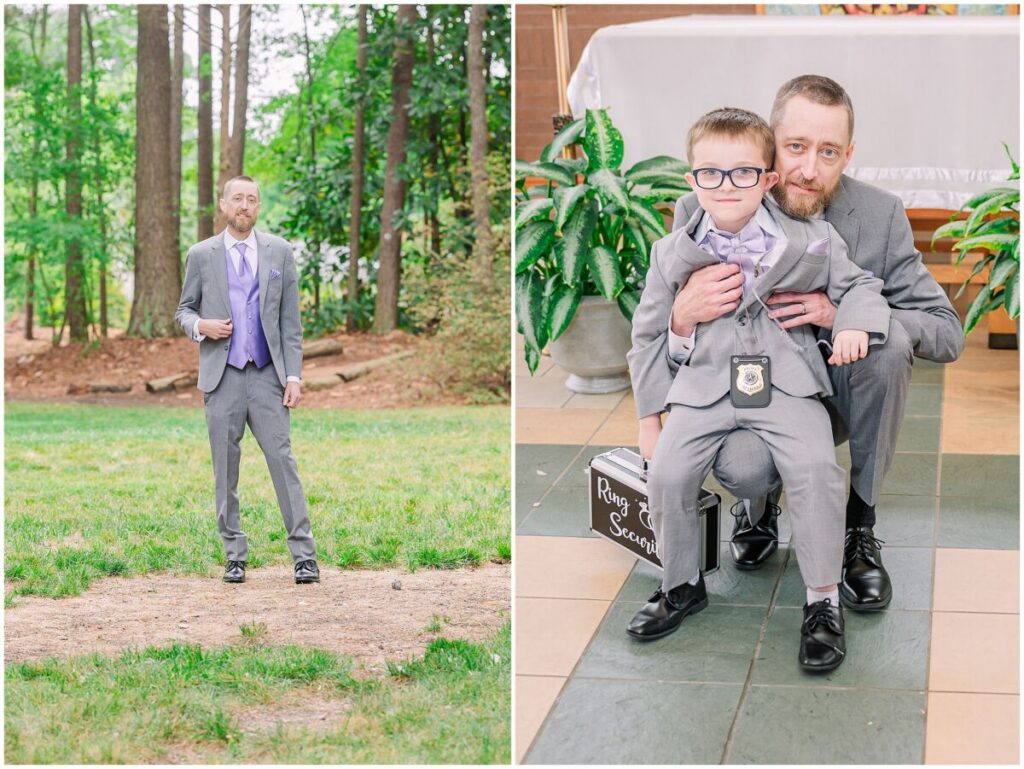 A happy groom in grey and purple with his son on his wedding day at Terra Blooms Farm by JoLynn Photography