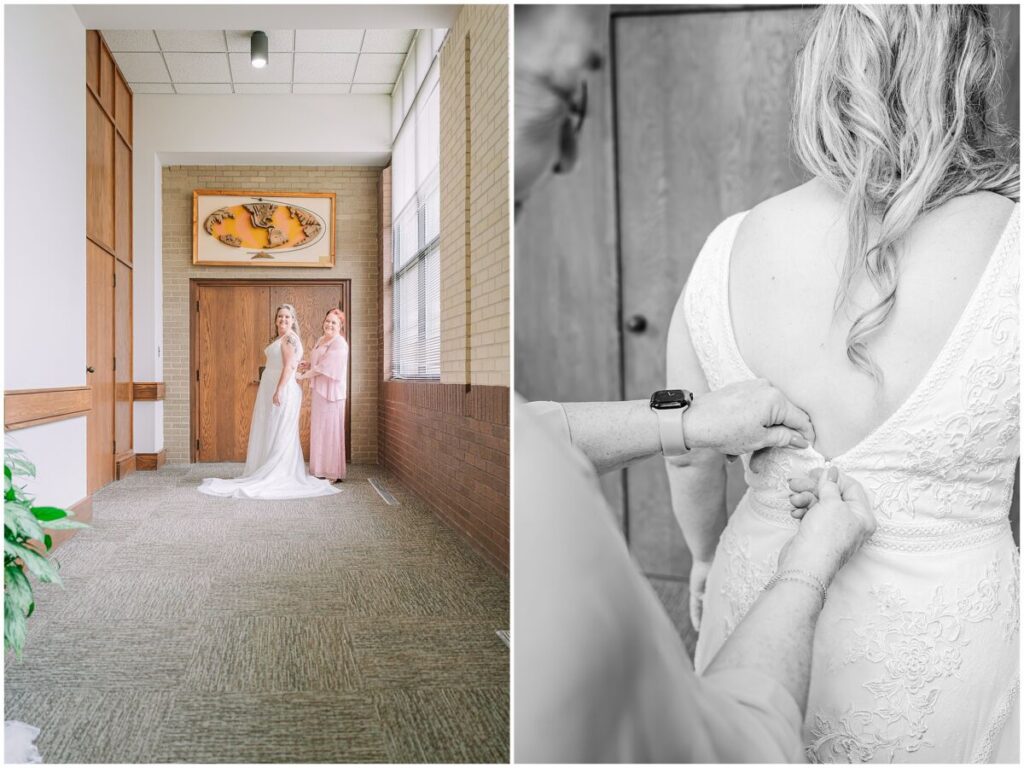 A happy blonde bride getting ready before her summer wedding day at Terra Blooms Farm by JoLynn Photography