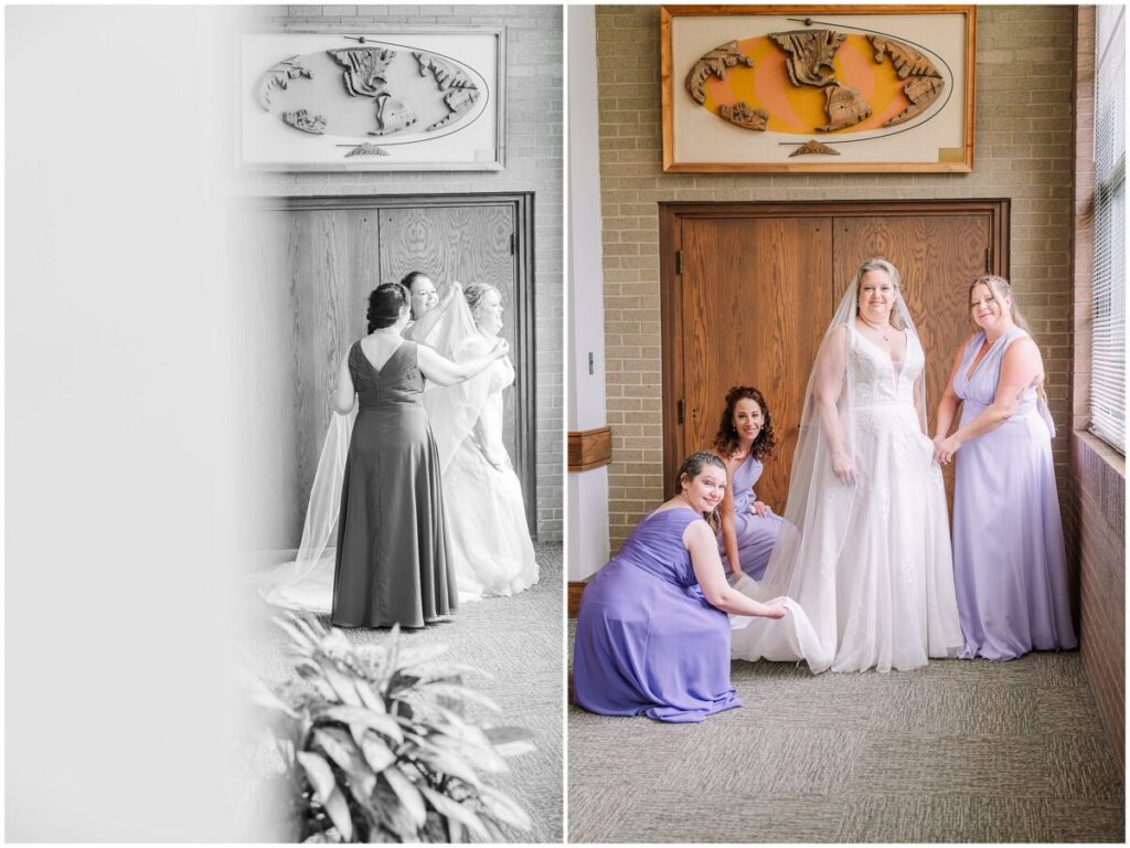 A blushing blonde bride on her wedding day with pops of purple on her wedding day at Terra Blooms Farm by JoLynn Photography