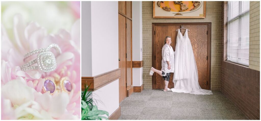 A happy blonde bride getting ready before her summer wedding day at Terra Blooms Farm by JoLynn Photography