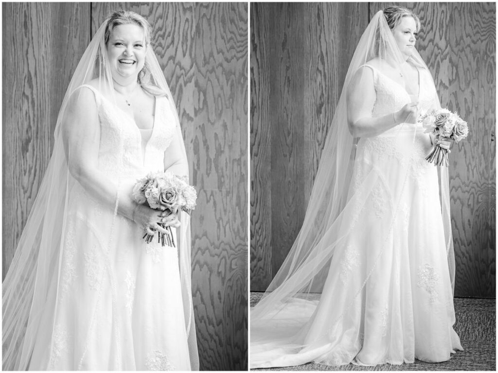 A blushing blonde bride on her wedding day with pops of purple on her wedding day at Terra Blooms Farm by JoLynn Photography