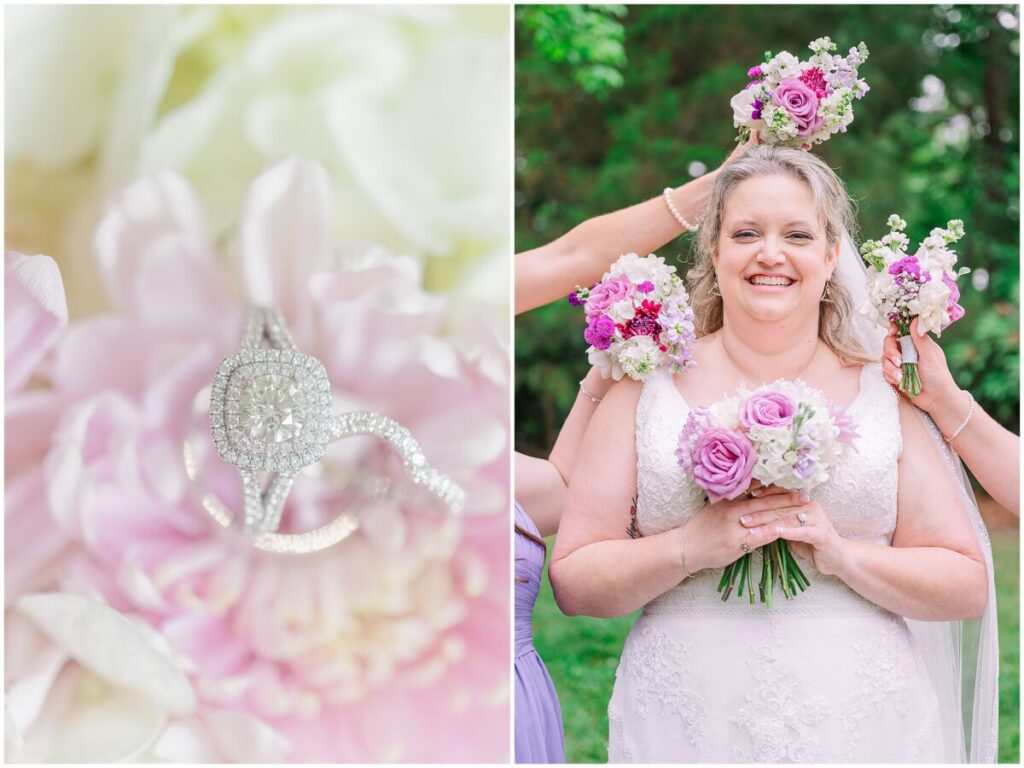 A happy bride surrounded in warm purple flowers on her wedding day at Terra Blooms Farm by JoLynn Photography
