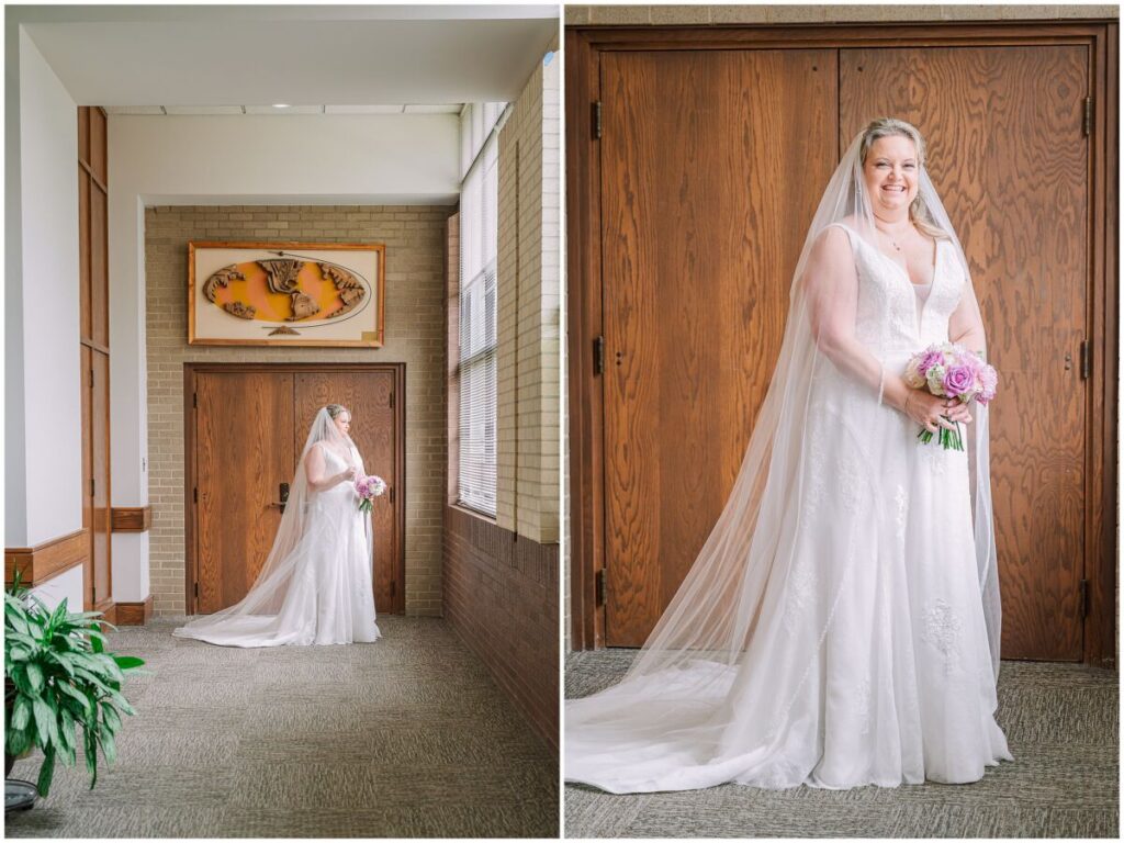 A blushing blonde bride on her wedding day with pops of purple on her wedding day at Terra Blooms Farm by JoLynn Photography