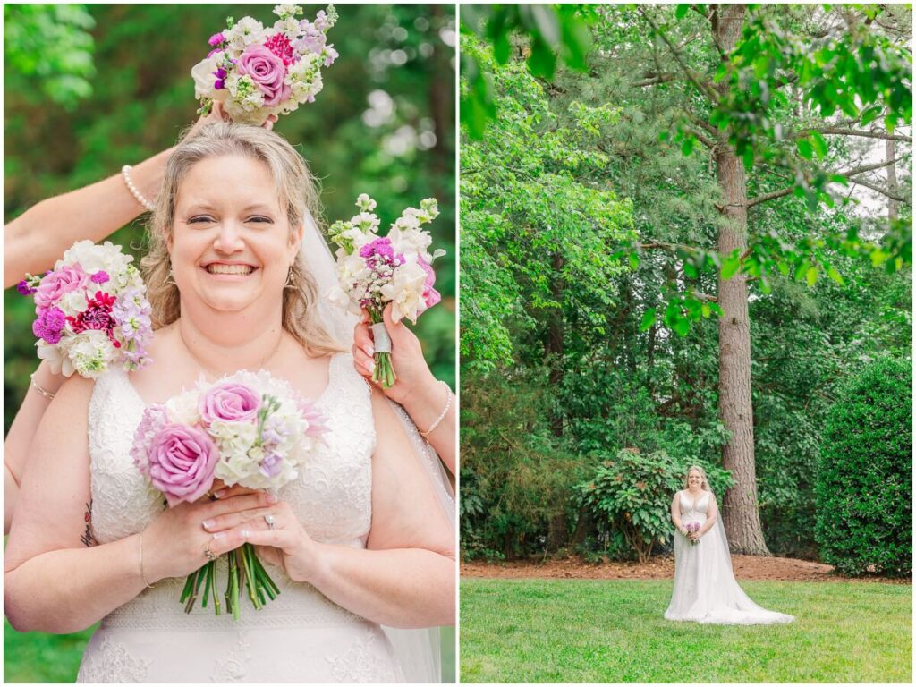 A happy bride surrounded in warm purple flowers on her wedding day at Terra Blooms Farm by JoLynn Photography
