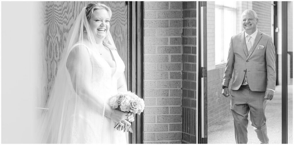A blushing bride and a first look on her wedding day with her dad at their family church