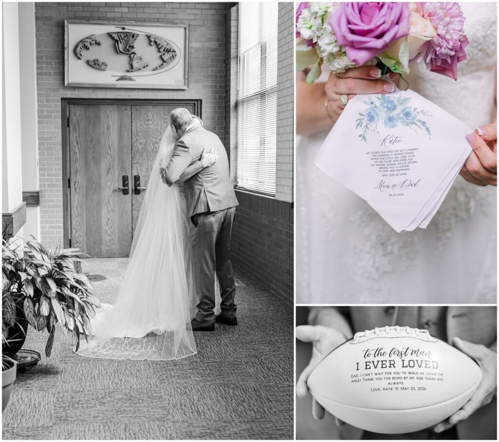 A blushing bride and a first look on her wedding day with her dad at their family church