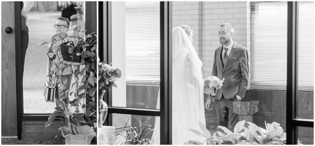 A blushing bride and a first look on her wedding day with her husband at their family church
