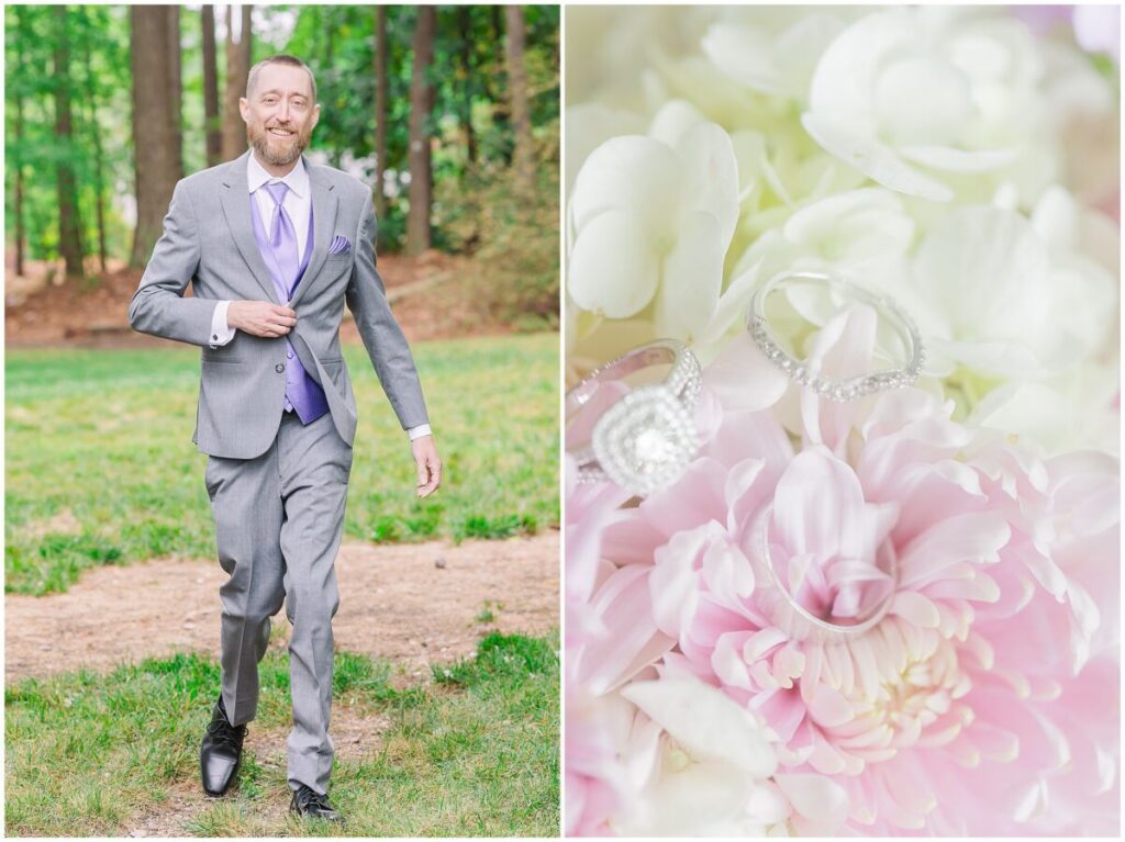 A happy groom and his groomsmen in grey tuxes with purple flowers on his summer wedding day at Terra Blooms Farm by JoLynn Photography