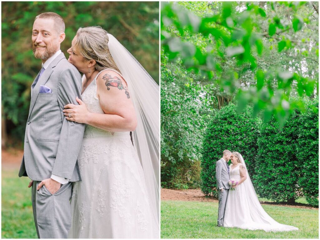 A happy couple on their summer wedding day in a beautiful green park at sunset at Terra Blooms Farm by JoLynn Photography