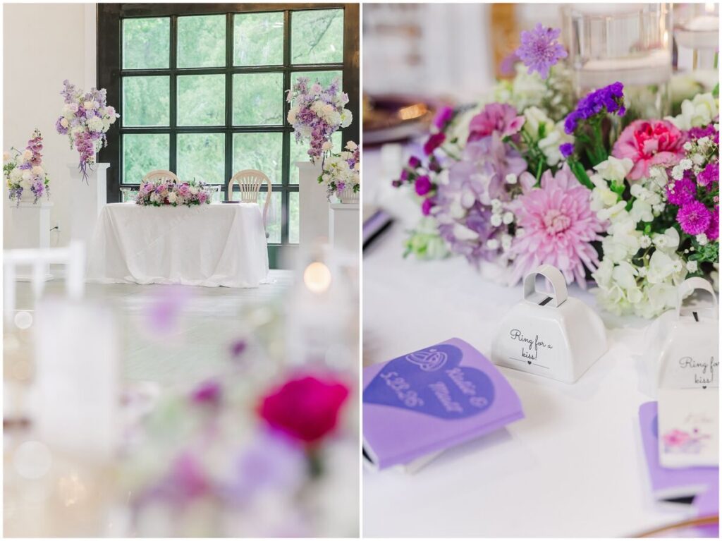 A wedding reception at Terra Bloom Farms filled with warm summer flowers, purples, and pops of gold by JoLynn Photography