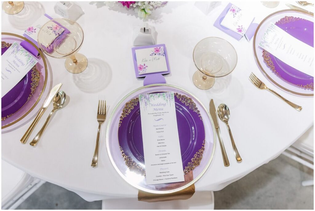 A wedding reception at Terra Bloom Farms filled with warm summer flowers, purples, and pops of gold by JoLynn Photography