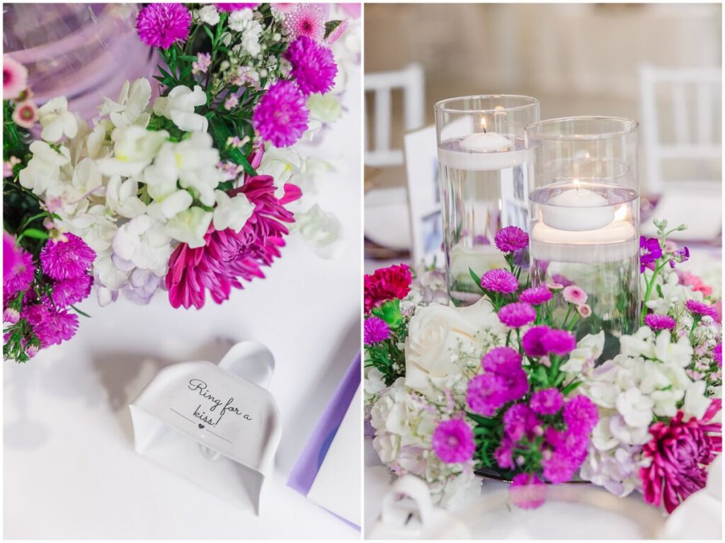 A wedding reception at Terra Bloom Farms filled with warm summer flowers, purples, and pops of gold by JoLynn Photography