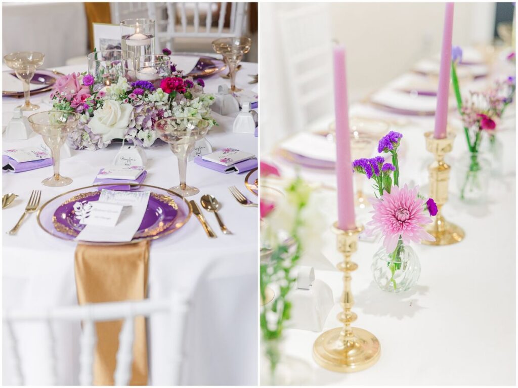 A wedding reception at Terra Bloom Farms filled with warm summer flowers, purples, and pops of gold by JoLynn Photography