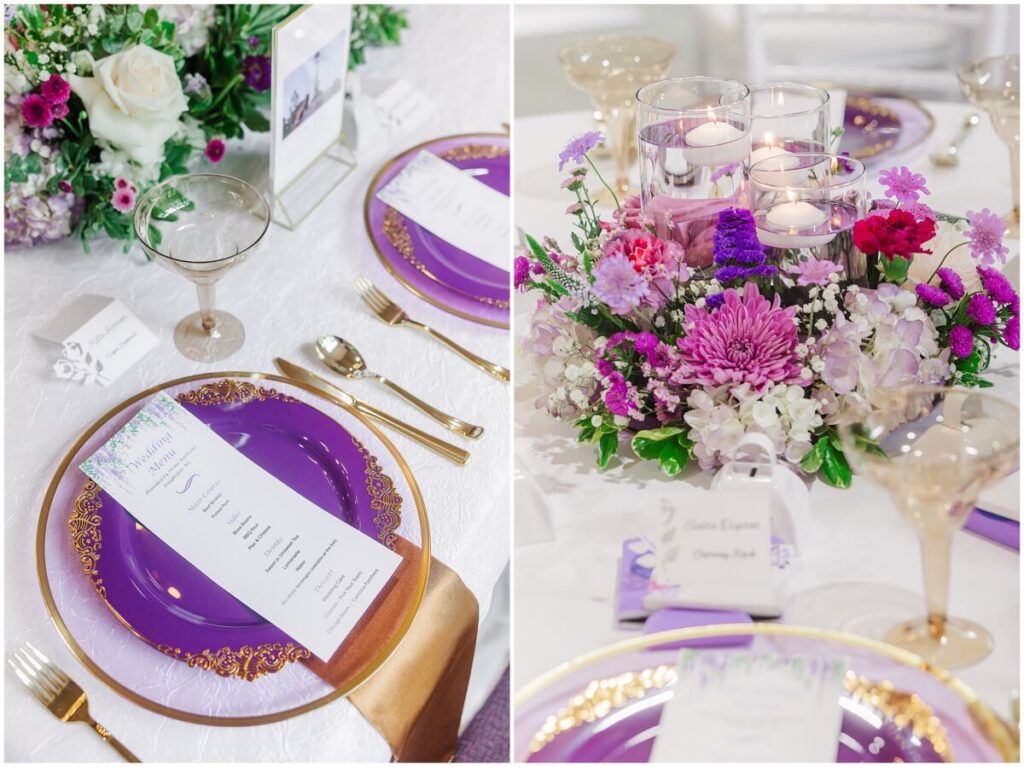 A wedding reception at Terra Bloom Farms filled with warm summer flowers, purples, and pops of gold by JoLynn Photography