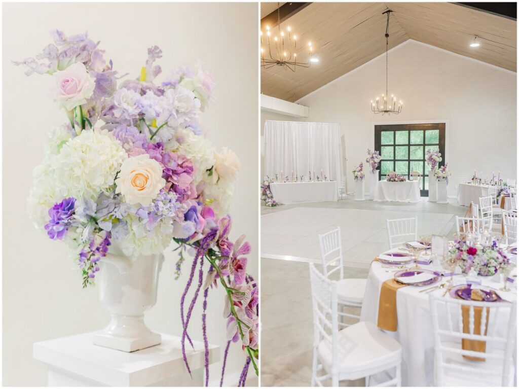 A wedding reception at Terra Bloom Farms filled with warm summer flowers, purples, and pops of gold by JoLynn Photography