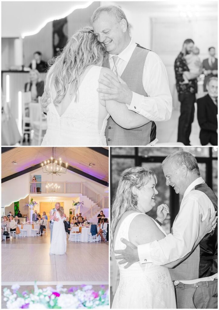 A happy bride sharing a father daughter dance with her dad during her wedding reception