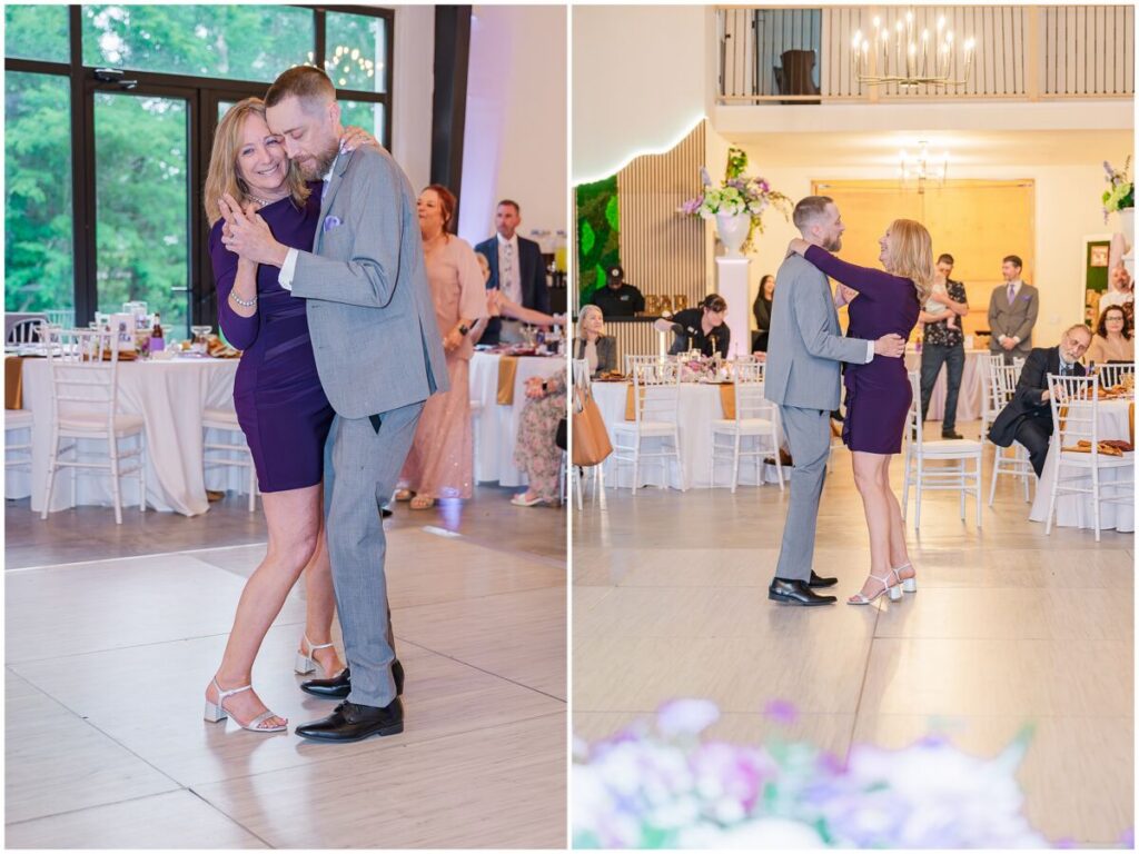 A happy groom sharing a mother son dance with his mom during his wedding reception