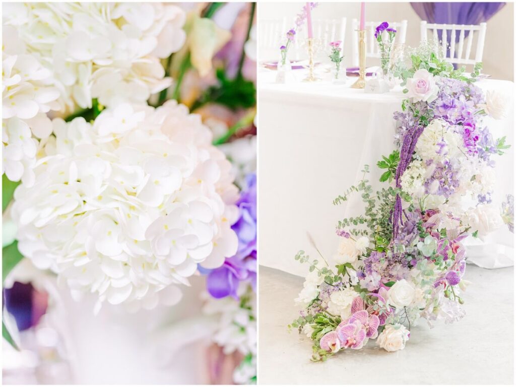 A wedding reception at Terra Bloom Farms filled with warm summer flowers, purples, and pops of gold by JoLynn Photography