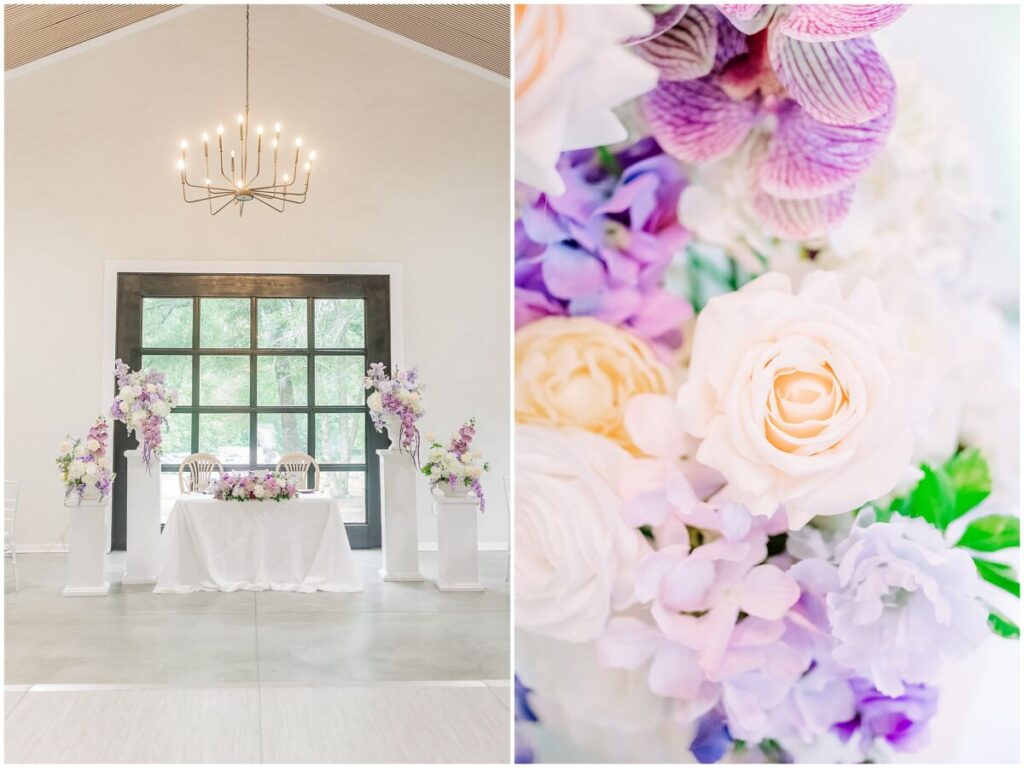 A wedding reception at Terra Bloom Farms filled with warm summer flowers, purples, and pops of gold by JoLynn Photography