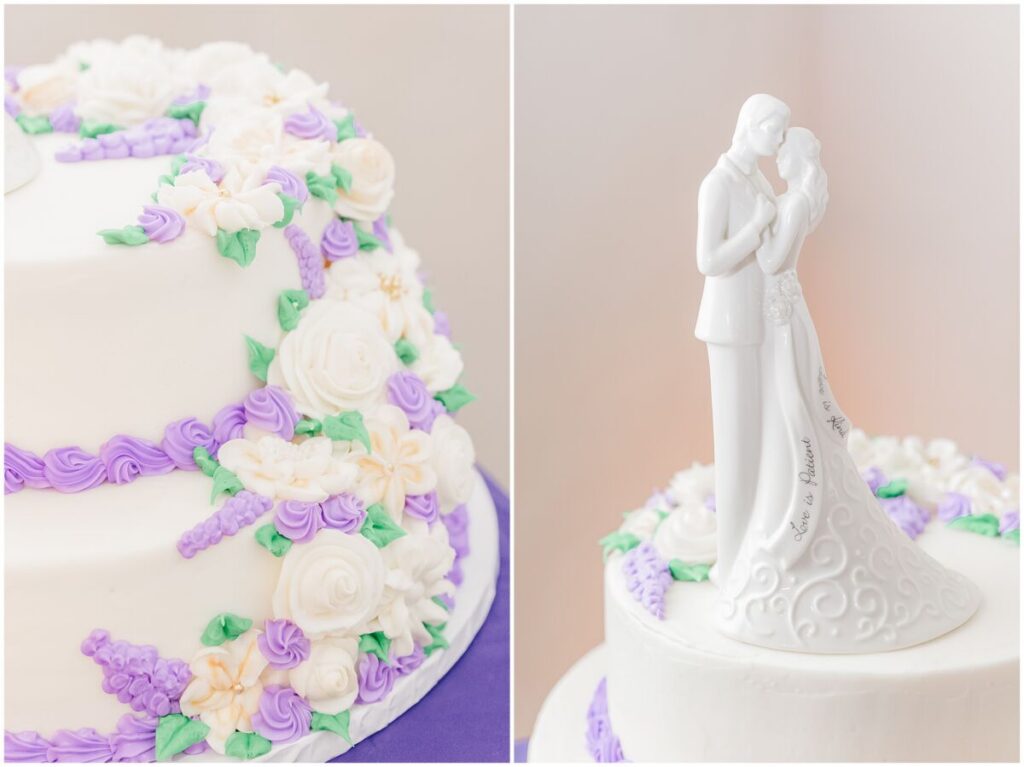 A white and purple wedding cake