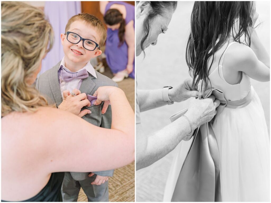 A bride getting ready with her flower girls on her wedding day