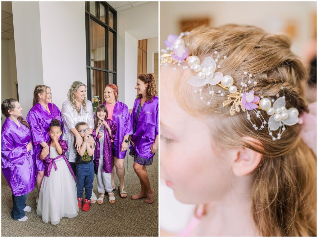 A bride getting ready with her flower girls on her wedding day