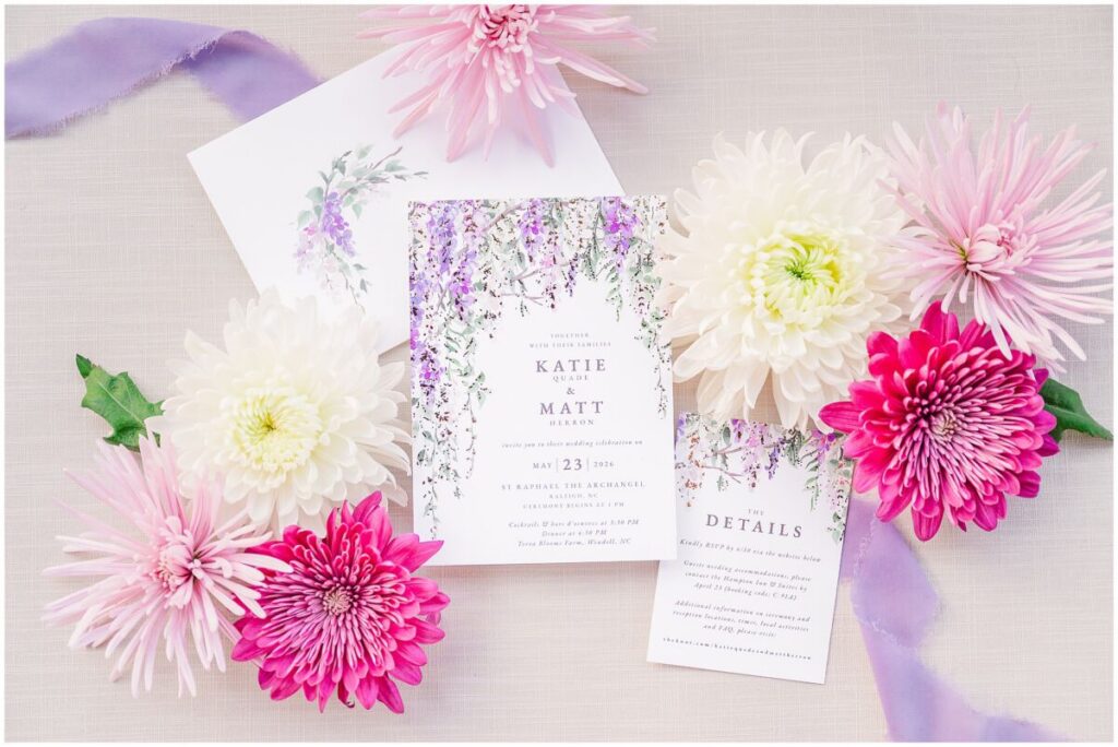 Warm purple, pink, and white summer wedding invitations for a beautiful wedding at Terra Blooms Farm by JoLynn Photography