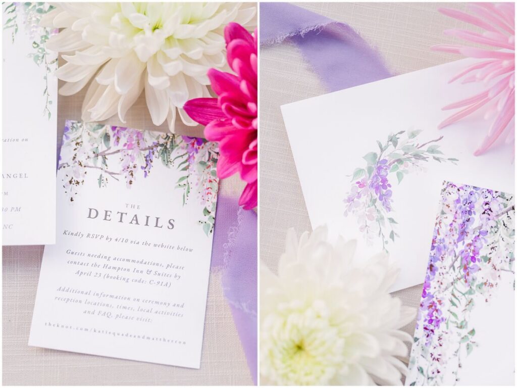 Warm purple, pink, and white summer wedding invitations for a beautiful wedding at Terra Blooms Farm by JoLynn Photography