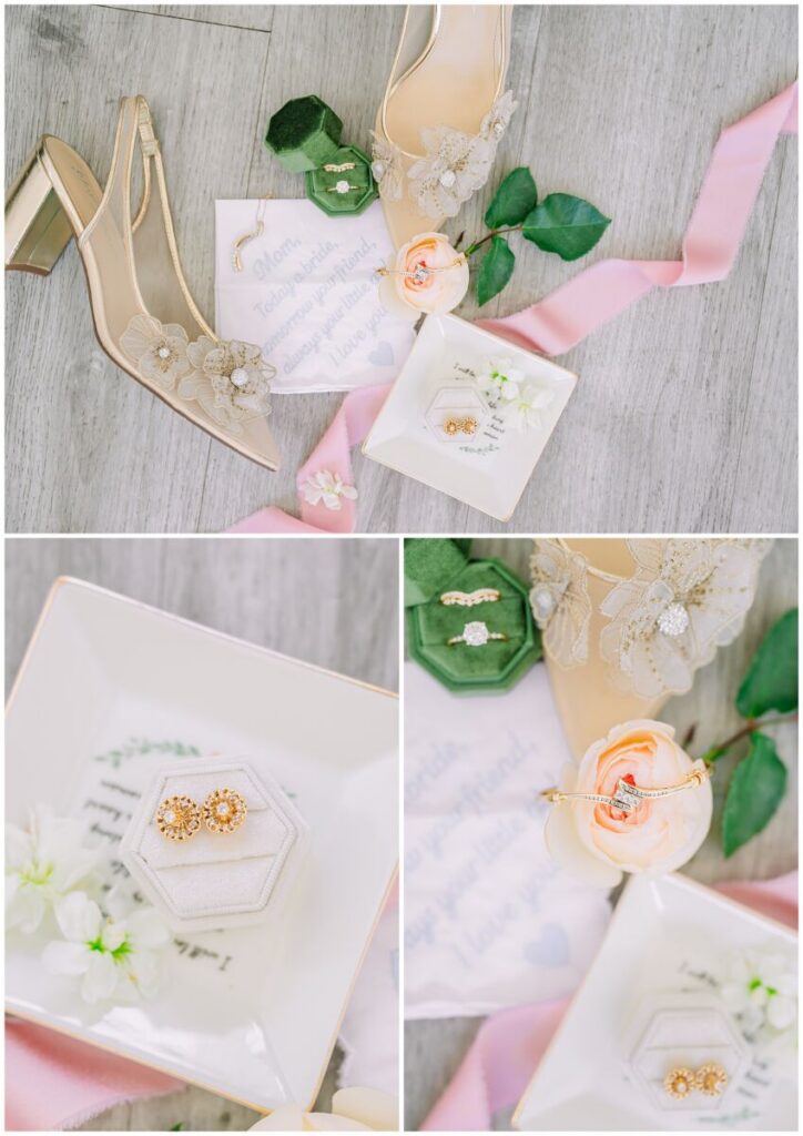 Beautiful wedding details of green, white, and soft pinks at The Barn at Blue Sky Farm by JoLynn Photography