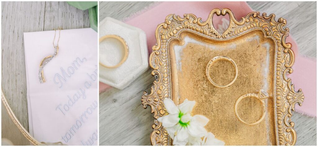 Beautiful wedding details of green, white, and soft pinks at The Barn at Blue Sky Farm by JoLynn Photography