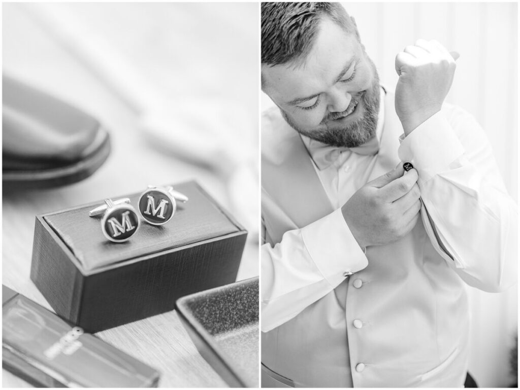 A happy groom getting ready on his wedding day near Charlotte