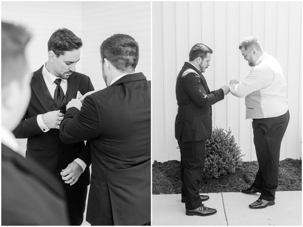 A happy groom getting ready on his wedding day near Charlotte at The Barn at Blue Sky Farm
